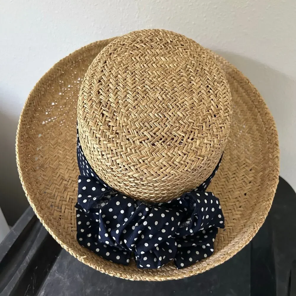 Firethorn Summer Rules Wide Brim Straw Sun Hat with Polka Dot Bow resortwear
